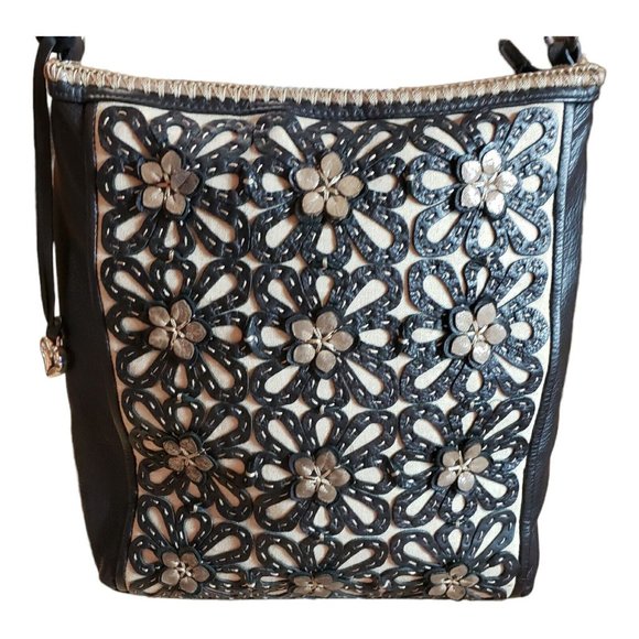 Brighton Black 3-D Floral Applique Weaved Handel Bucket Purse Bag - Picture 1 of 12